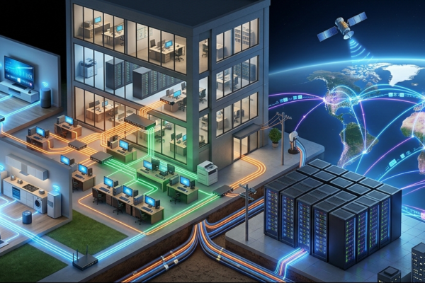 A realistic illustration showing different types of computer networks from personal devices and home LAN connections to global WAN infrastructure.