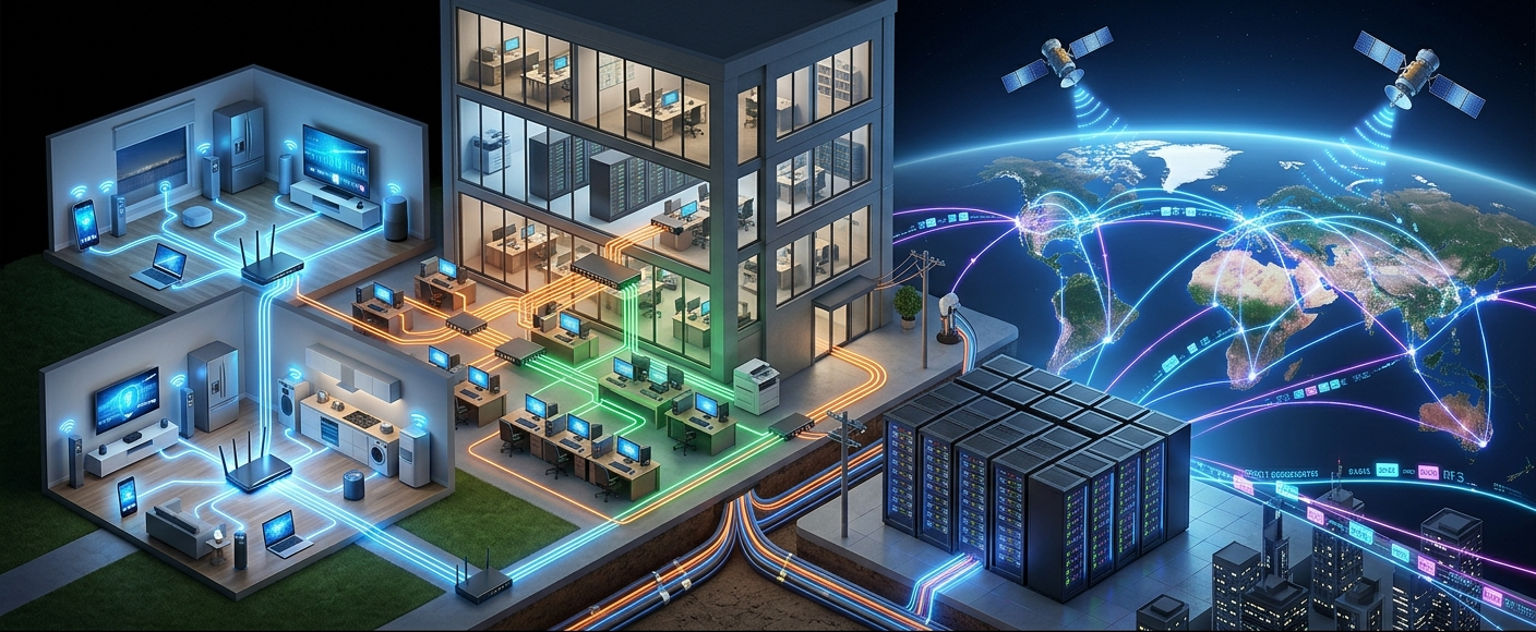 A realistic illustration showing different types of computer networks from personal devices and home LAN connections to global WAN infrastructure.