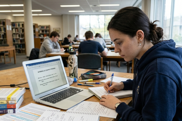 Student studying referencing styles with books, laptop, and notes showing APA, MLA, and Chicago formats