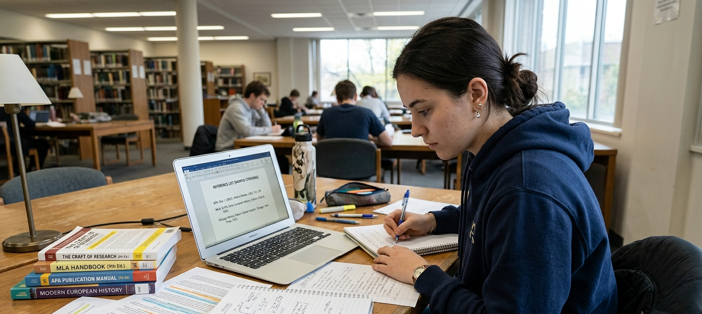 Student studying referencing styles with books, laptop, and notes showing APA, MLA, and Chicago formats