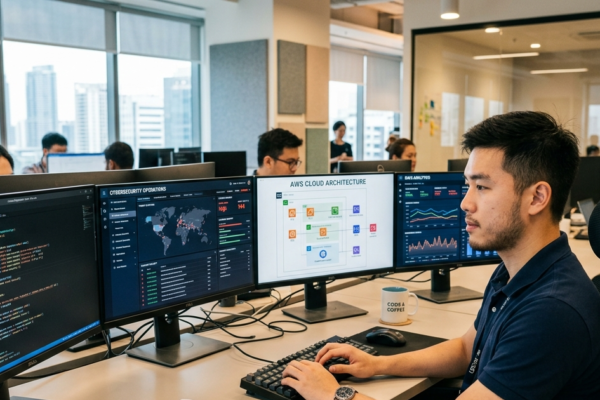 IT professional exploring different career opportunities in information technology including software development, cybersecurity, cloud computing, and data analysis.