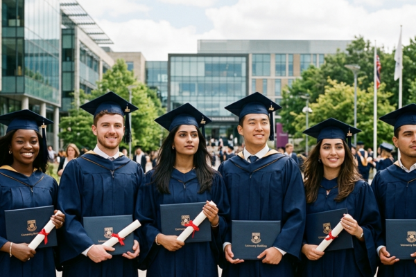 University graduates in gowns standing together after graduation, representing career opportunities and future planning.