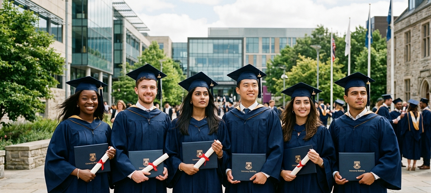 University graduates in gowns standing together after graduation, representing career opportunities and future planning.