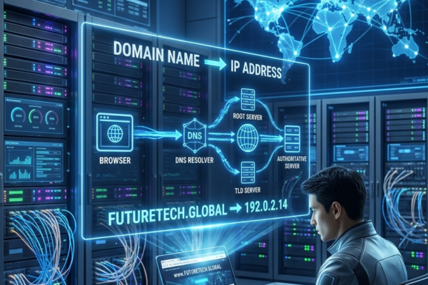 Realistic DNS technology visualization showing a laptop connected to global servers as domain names are translated into IP addresses.