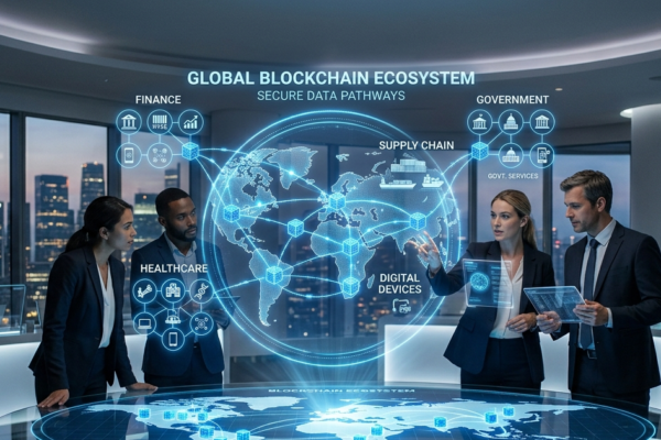 Blockchain technology connecting finance, healthcare, supply chains, and digital services through a secure decentralized network.