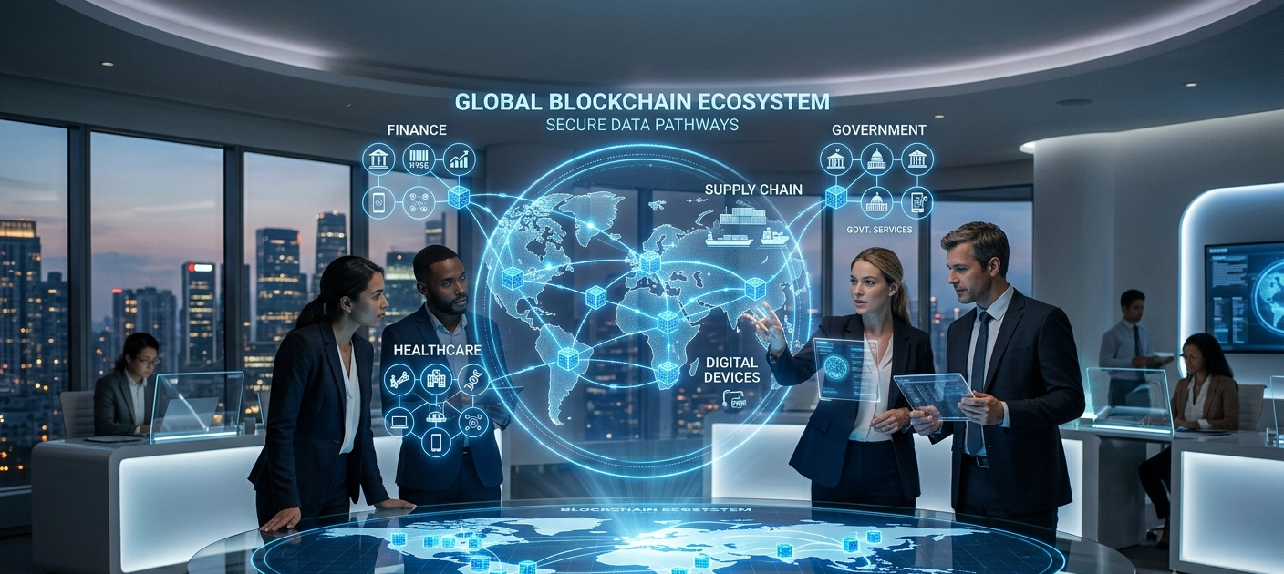 How Blockchain Technology Works and Why It Matters Beyond Cryptocurrency 3 Blockchain technology connecting finance, healthcare, supply chains, and digital services through a secure decentralized network.