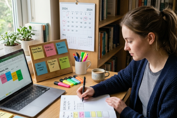 Student organizing a study timetable with notebook, calendar, and laptop on a desk while preparing for exams.