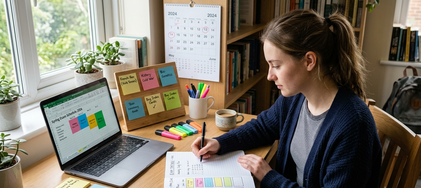 Best Time Management Tips for Students Preparing for Exams 4 Student organizing a study timetable with notebook, calendar, and laptop on a desk while preparing for exams.