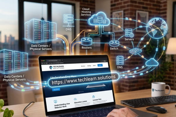 A laptop displaying a website with cloud servers and network connections representing web hosting and domain names.