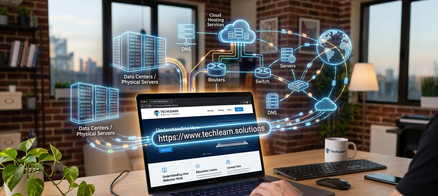 How Web Hosting and Domain Names Work and Why They Matter for Your Online Presence 2 A laptop displaying a website with cloud servers and network connections representing web hosting and domain names.