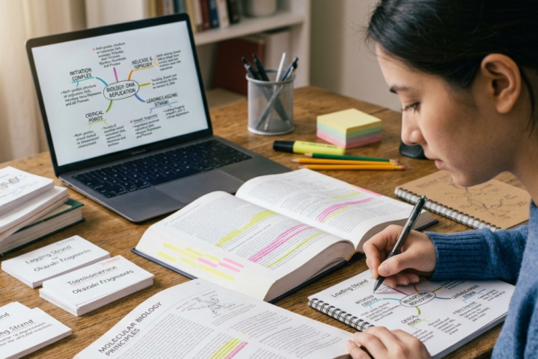 Focused student studying with textbook, notes, and laptop in a calm academic workspace