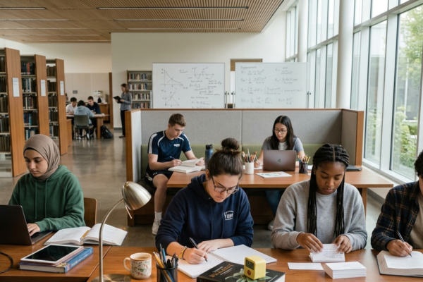 High school students studying in a bright library with books, laptops, and notes, showing strong academic focus and teamwork.