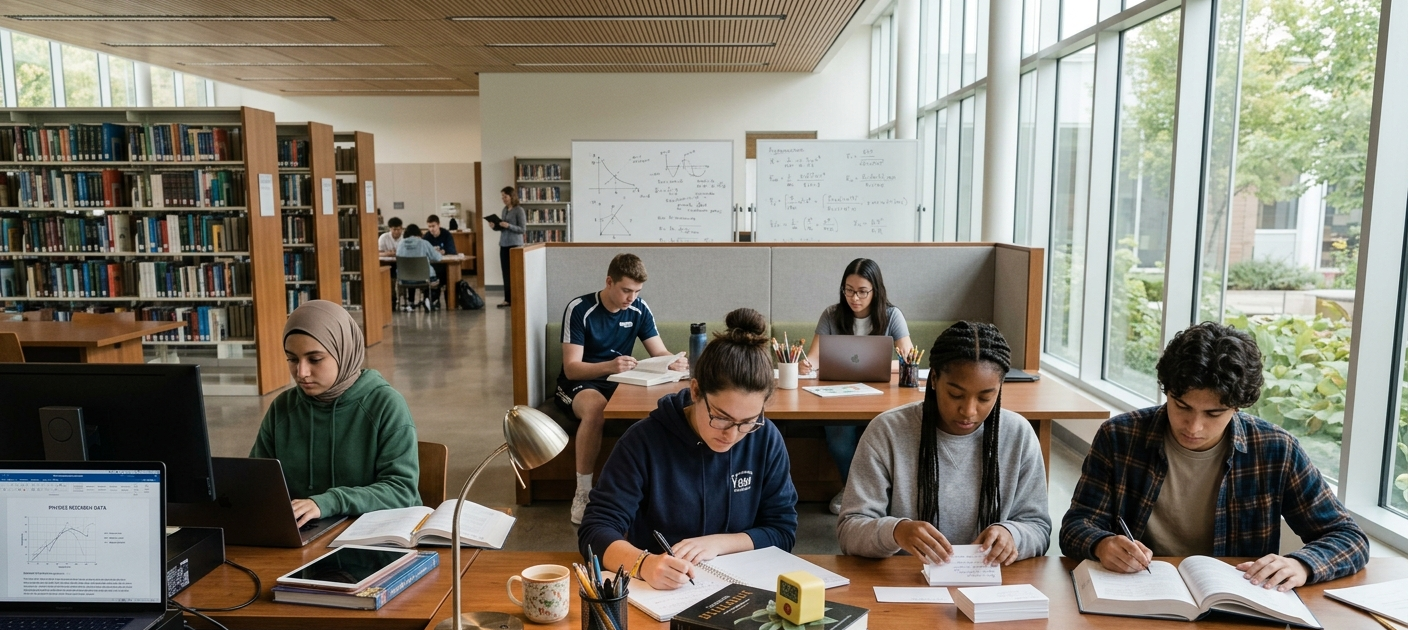 High school students studying in a bright library with books, laptops, and notes, showing strong academic focus and teamwork.
