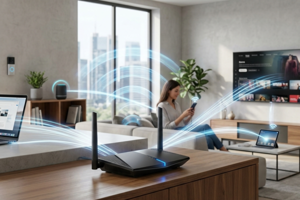 A realistic modern home Wi-Fi router sending wireless signals to connected devices such as laptops, smartphones, and smart home gadgets.
