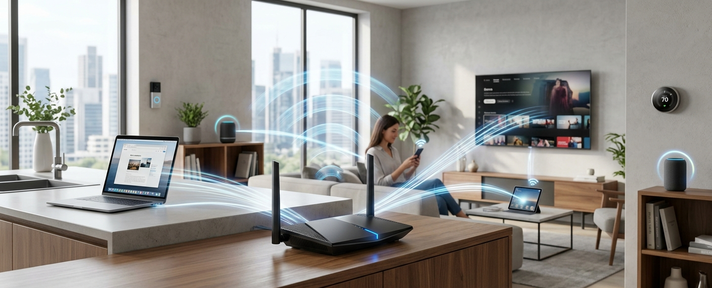 A realistic modern home Wi-Fi router sending wireless signals to connected devices such as laptops, smartphones, and smart home gadgets.