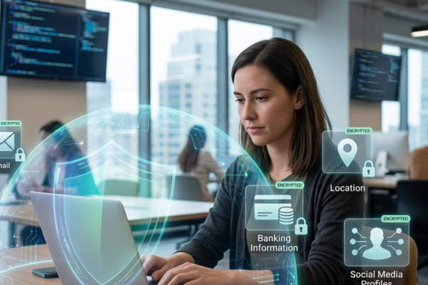Digital privacy protection with encrypted personal data and cybersecurity shield on a laptop