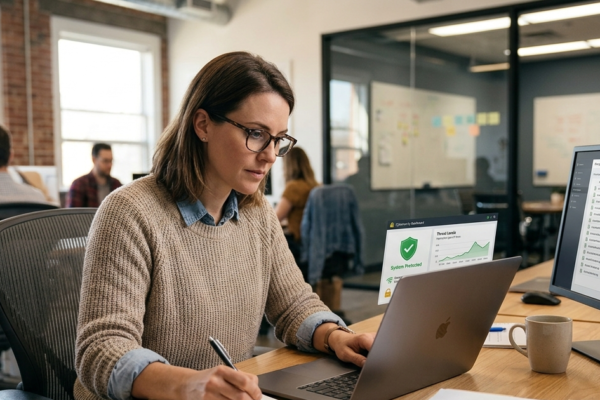 Small business owner using a laptop with cybersecurity protection tools in a modern office