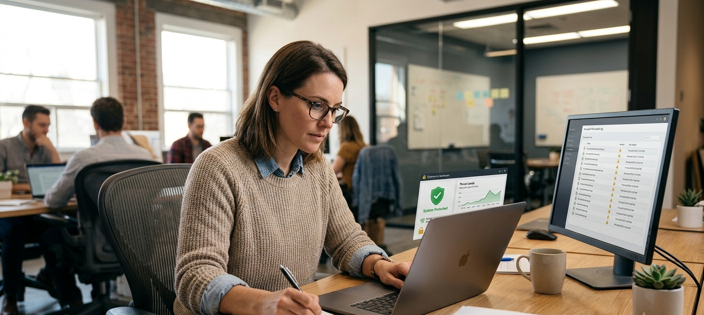 10 Cybersecurity Practices Every Small Business Owner and Remote Worker Must Follow 6 Small business owner using a laptop with cybersecurity protection tools in a modern office