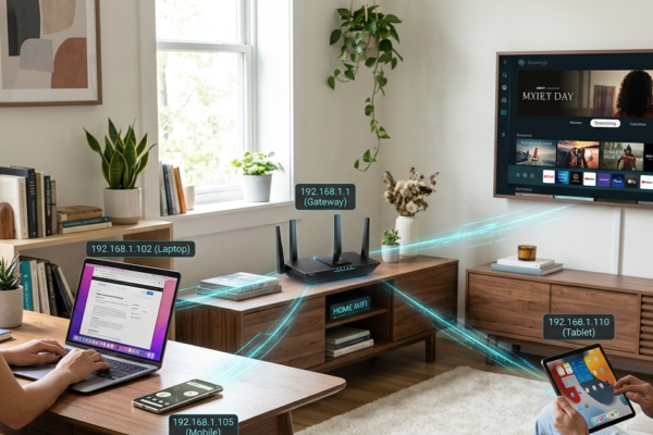 A realistic illustration of connected devices using IP addresses to communicate on a network