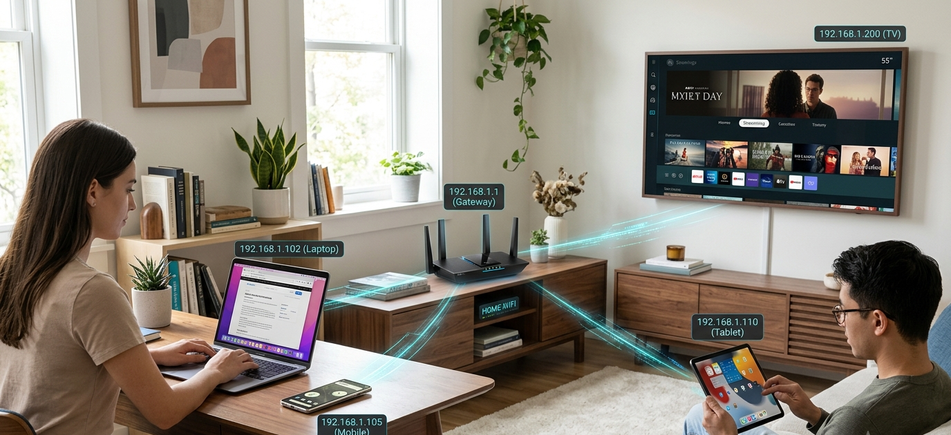 What Is an IP Address? IPv4 vs IPv6, Public vs Private, Static vs Dynamic Explained 3 A realistic illustration of connected devices using IP addresses to communicate on a network