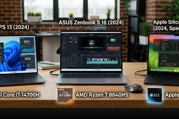 Intel Core vs AMD Ryzen vs Apple Silicon laptop processor comparison showing three modern laptops.
