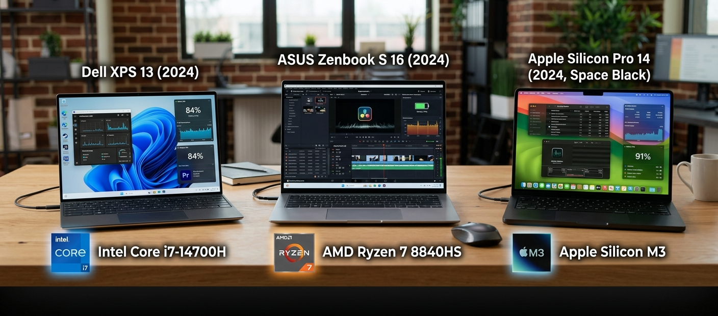 Intel vs AMD vs Apple Silicon: Which Laptop Processor Should You Actually Choose? 3 Intel Core vs AMD Ryzen vs Apple Silicon laptop processor comparison showing three modern laptops.