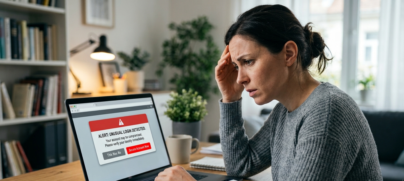10 Things You Must Do Immediately After Your Email or Bank Account Is Hacked 2 Person responding to a hacked email or bank account security alert on a laptop and smartphone