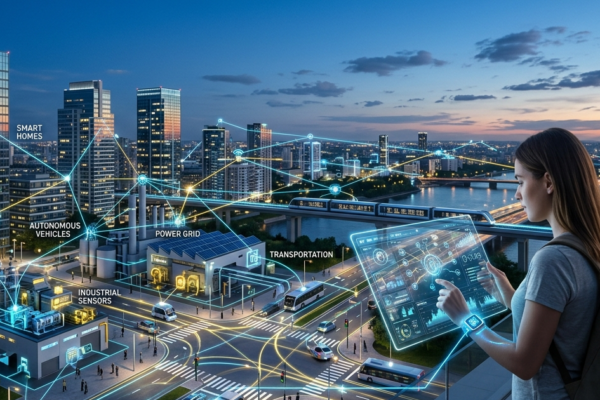 A realistic smart city showing connected IoT devices, smart homes, vehicles, and digital networks communicating through the Internet of Things.