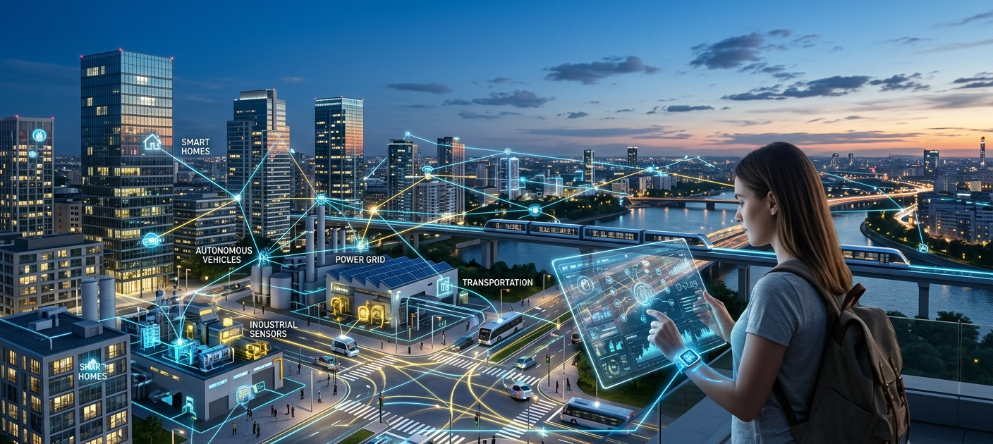 Understanding the Internet of Things (IoT): Benefits, Challenges, and Future Trends 5 A realistic smart city showing connected IoT devices, smart homes, vehicles, and digital networks communicating through the Internet of Things.