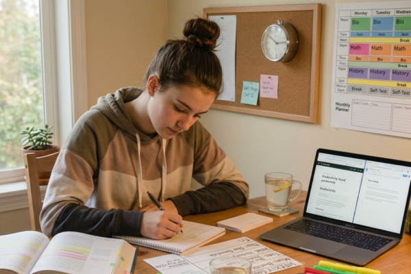 Focused student studying at an organized desk with books, notes, and laptop in a productive learning environment