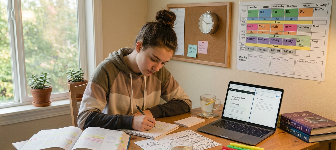 Focused student studying at an organized desk with books, notes, and laptop in a productive learning environment