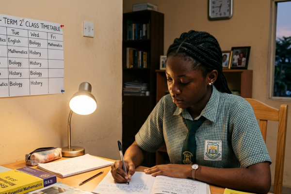 Nigerian student studying WAEC and NECO subjects at a desk with textbooks and a timetable