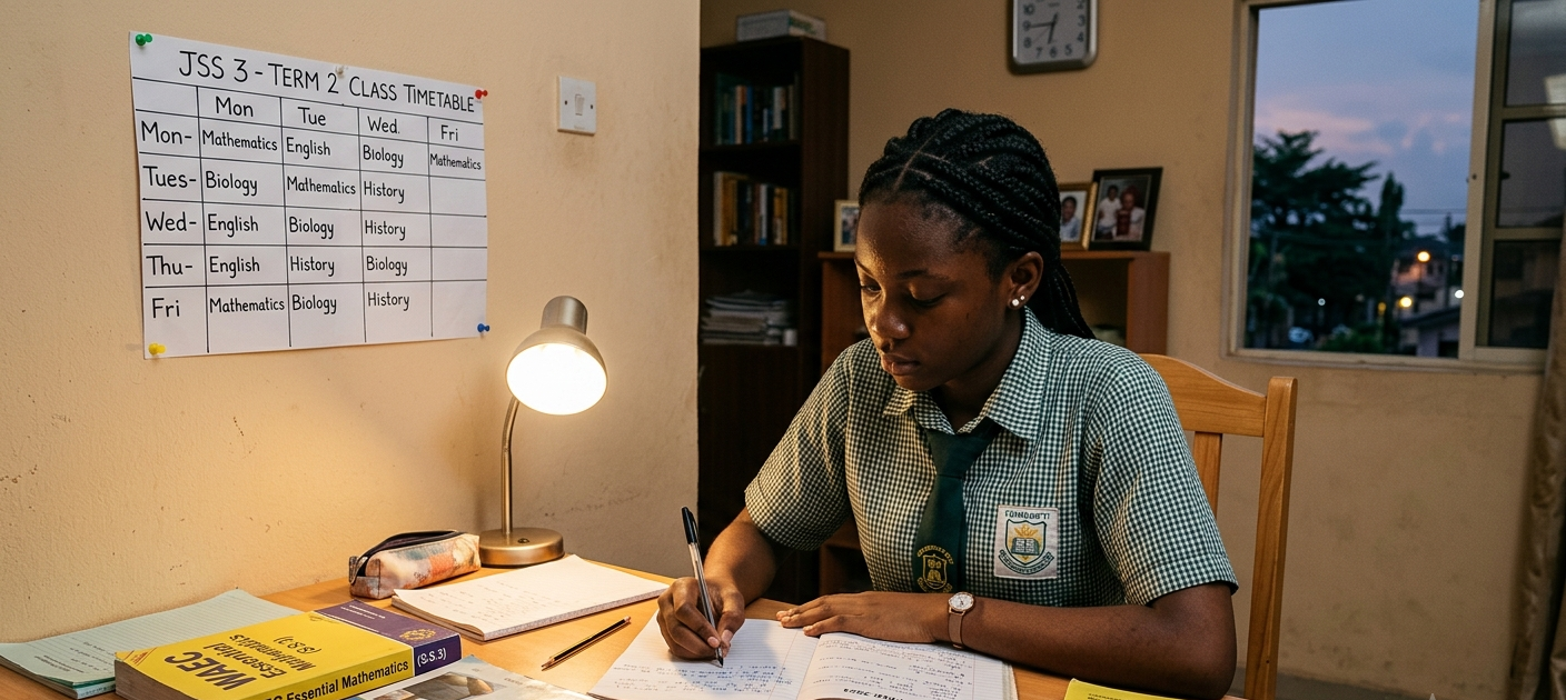 Nigerian student studying WAEC and NECO subjects at a desk with textbooks and a timetable