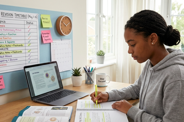 Student creating a revision plan and preparing for exams without last-minute cramming