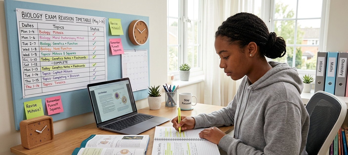 Student creating a revision plan and preparing for exams without last-minute cramming