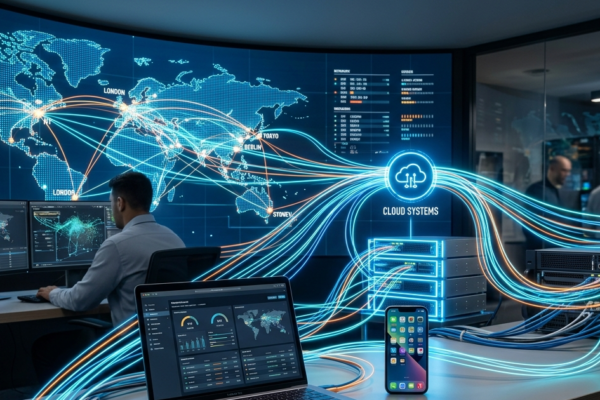 Global computer network showing connected devices communicating through digital connections