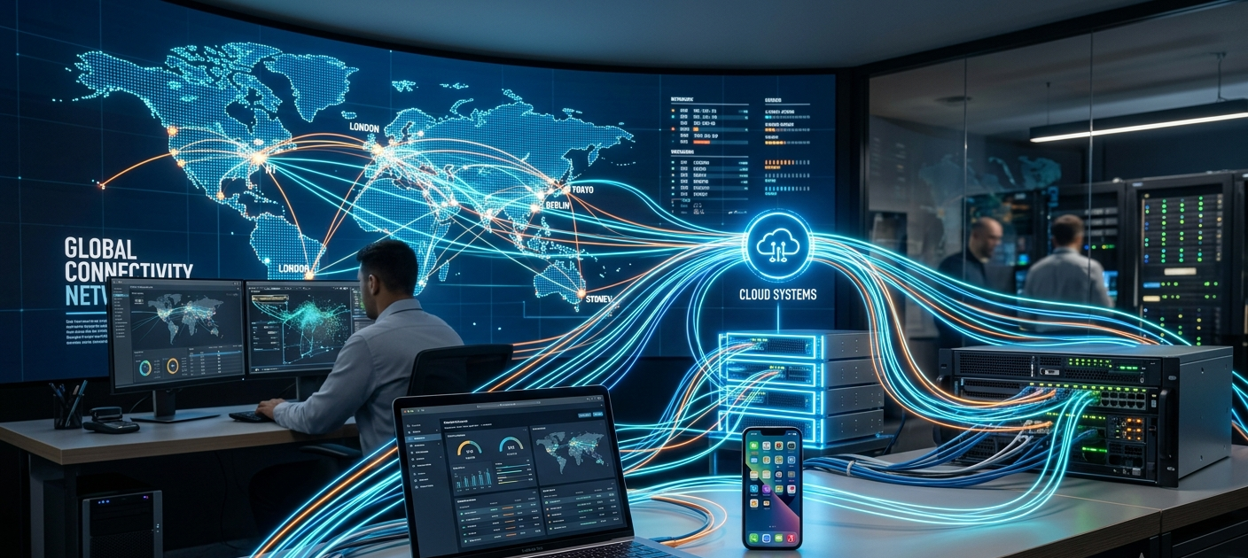 Global computer network showing connected devices communicating through digital connections