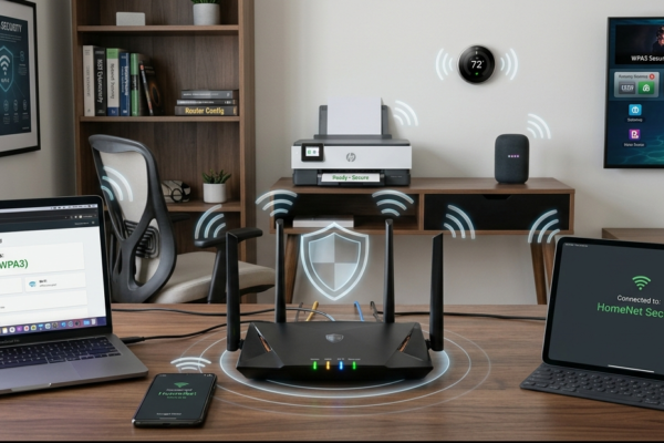 Secure home network setup with Wi-Fi router and connected smart devices protected by cybersecurity features.
