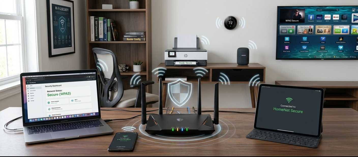 Secure home network setup with Wi-Fi router and connected smart devices protected by cybersecurity features.