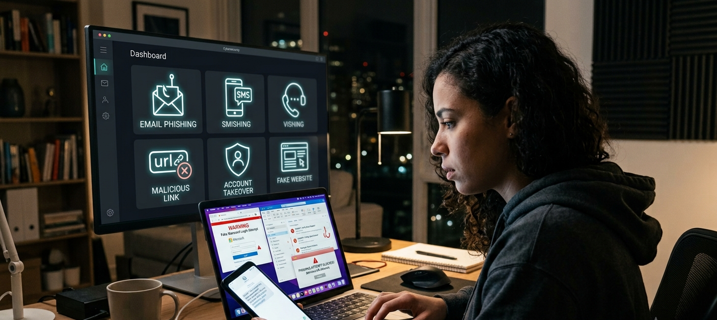 10 Types of Phishing Scams You Must Know How to Identify and Avoid 3 Person identifying phishing scams through suspicious emails, text messages, and online security alerts