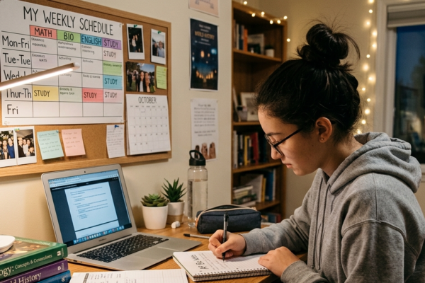 Teen student studying at a desk with planner and books under warm light, showing goal setting and academic focus.