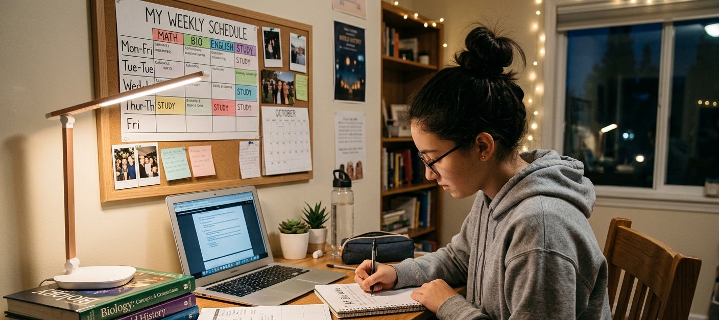 The Importance of Goal Setting for Student Success 7 Teen student studying at a desk with planner and books under warm light, showing goal setting and academic focus.