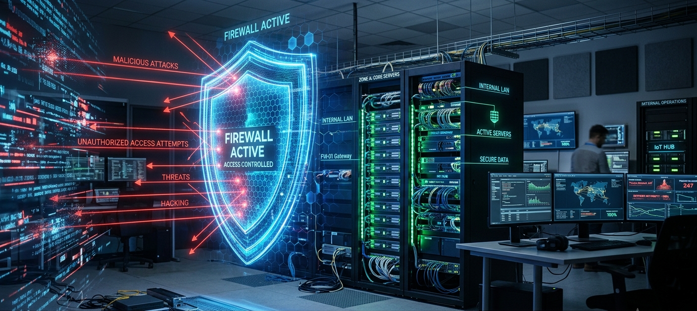 Firewall security system protecting a computer network from cyber threats and unauthorized access.