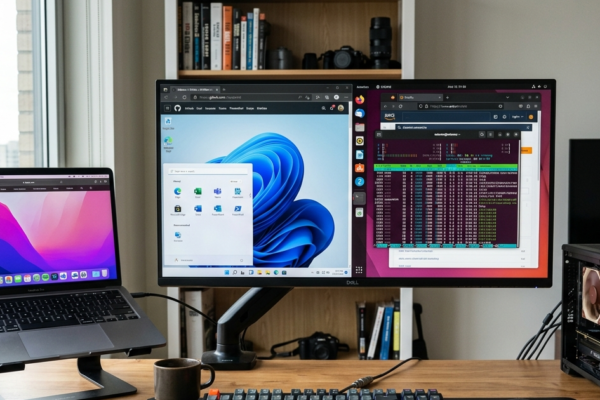 A modern computer setup displaying Windows, Linux, and macOS operating systems