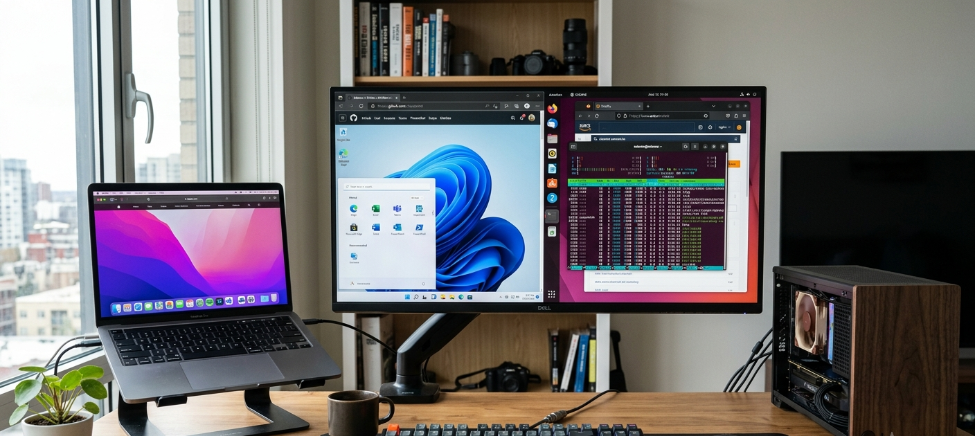 A modern computer setup displaying Windows, Linux, and macOS operating systems