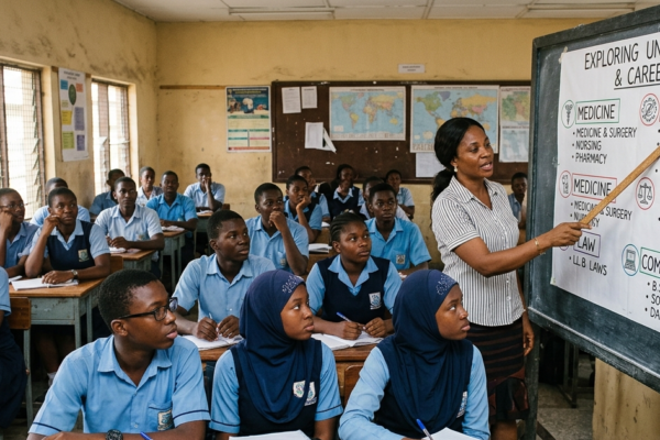 Nigerian students in classroom receiving career guidance on university course options