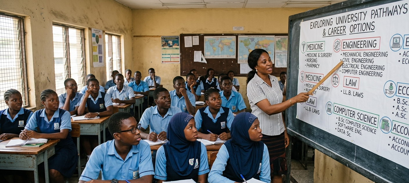 Nigerian students in classroom receiving career guidance on university course options