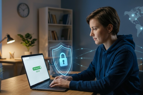 Realistic illustration of a VPN protecting a user’s internet connection with encryption and online privacy features.
