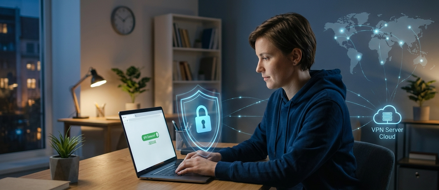 Realistic illustration of a VPN protecting a user’s internet connection with encryption and online privacy features.
