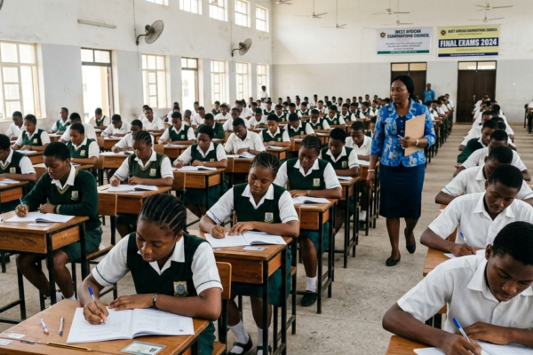 Nigerian secondary school students writing WAEC or NECO exam in a quiet examination hall with invigilators supervising.